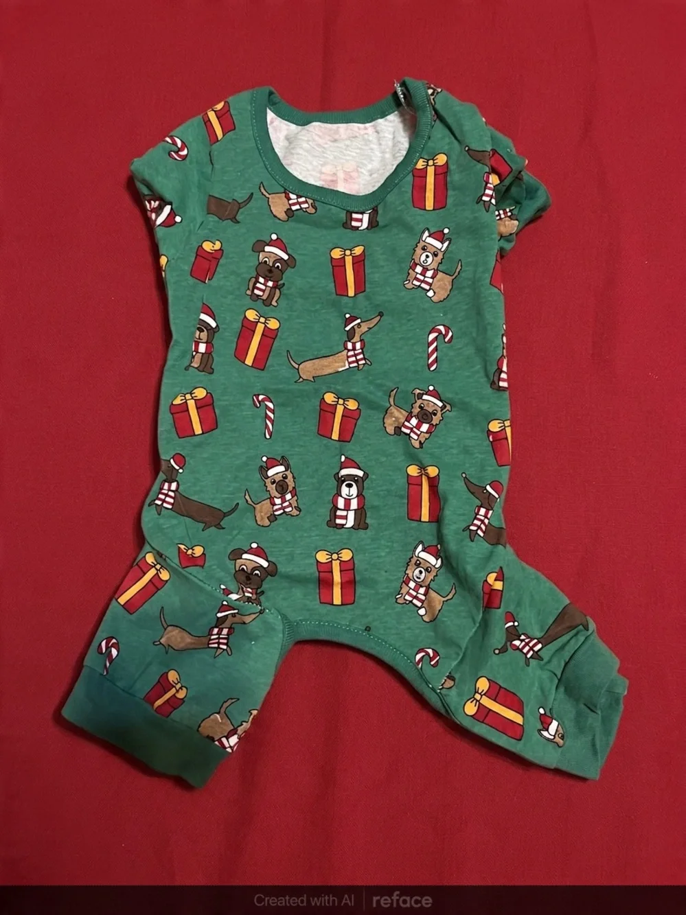 Green Holiday Puppy Print One-Piece Pajama Dog Clothe